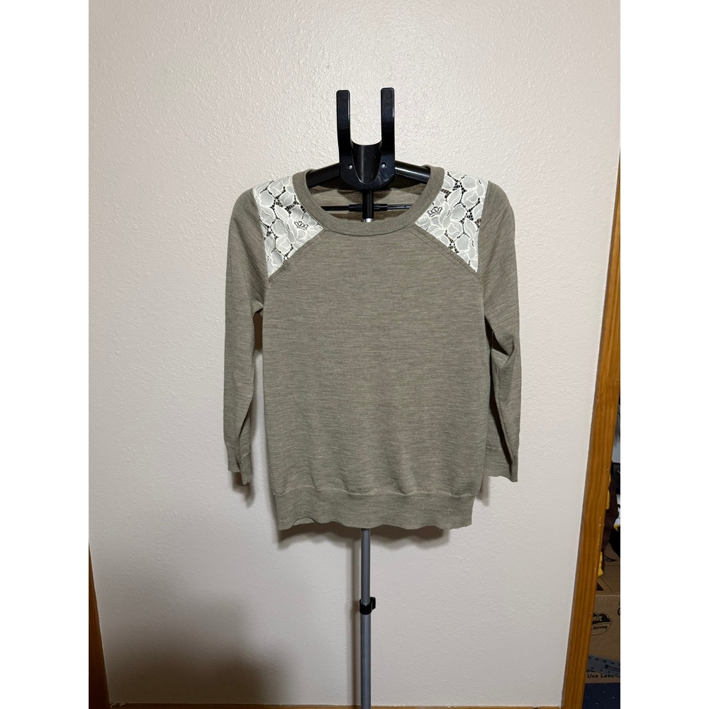 J.Crew Womens Merino Wool Lace Shoulder Sweater Taupe Brown Crew Neck Large